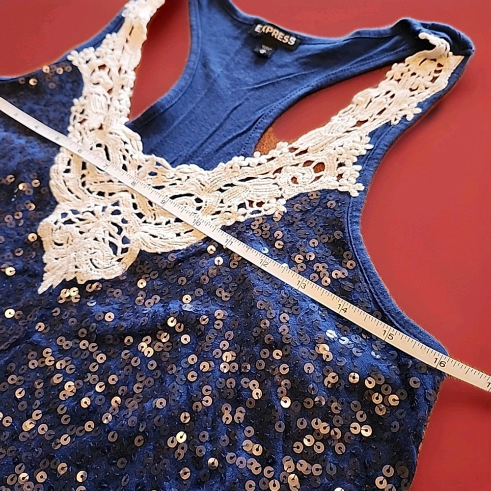 Express Summer Sequin Tank Top, Blue, Racerback Lace Detail Size XS - Picture 4 of 7